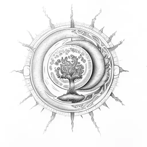 Sun And Moon Wmushroom Tree Of Life Fantasy Another World