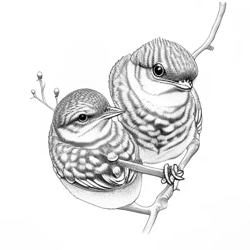 Branch With 3 Baby Birds 2 Adult Birds Shiloutte