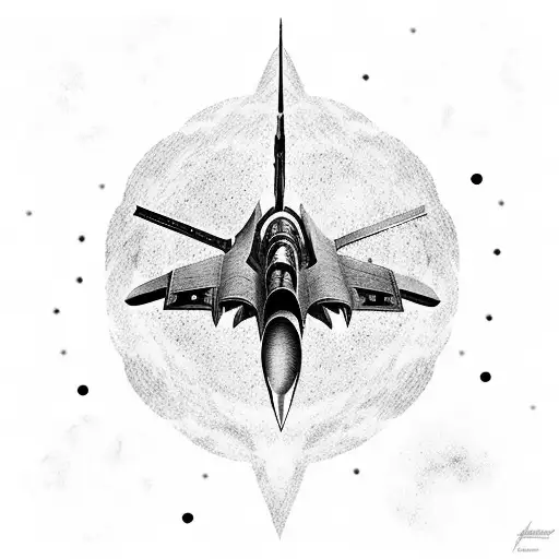 A Dotwork Tattoo Of A Space Scene With A Fighter Jet Soaring Through The Stars