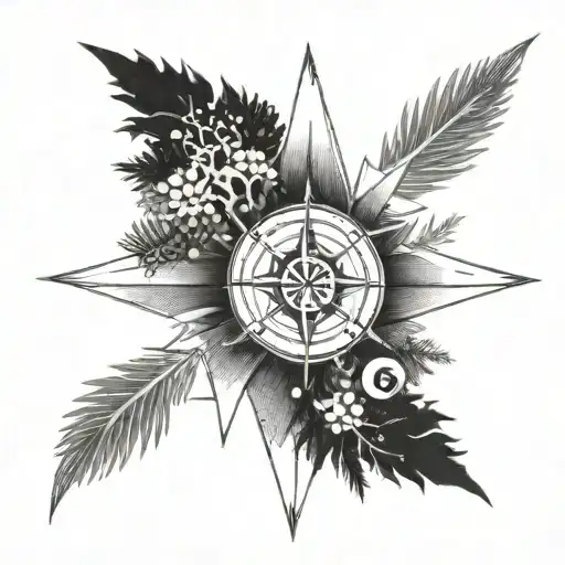 An Intricate Dotwork Design Of A Compass Rose Surrounded By Pine Trees And Ocean Waves