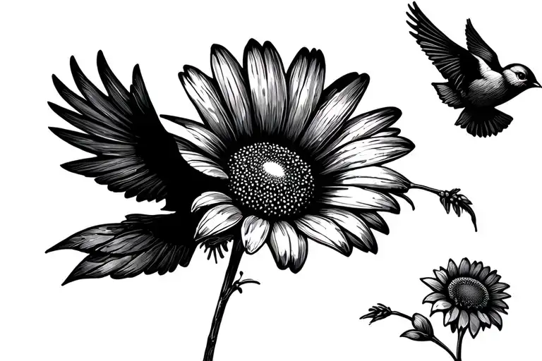 Daisy Flower With Bird Flying