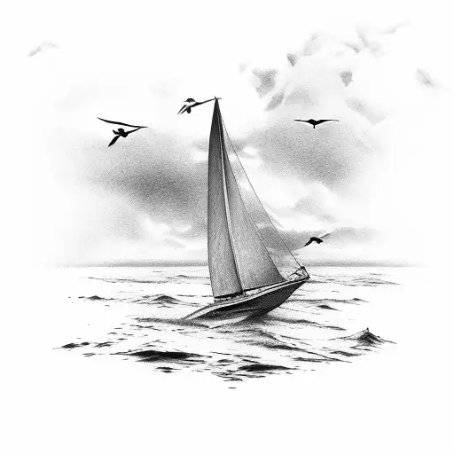 A Sleek Sailboat Gliding Through Calm Ocean Waters With Seagulls Flying Overhead