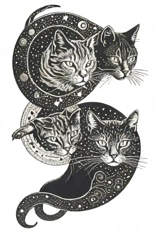 Two Cats One Sitting On Moon Second Sitting On Sun Reaching Each Other