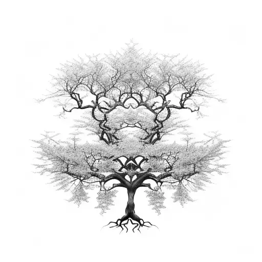 A Majestic Crimson Maple Tree With Intricate Roots And Branches Intertwined With Dancing Figures