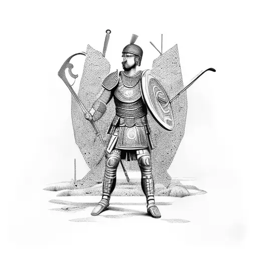 A Dotwork Tattoo Of An Ancient Roman Warrior Playing A Musical Instrument