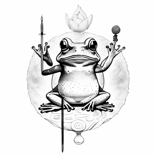 A Mystical Frog Meditating In A Lotus Position Balanced On A Rock With A Hindu Mace Beside It