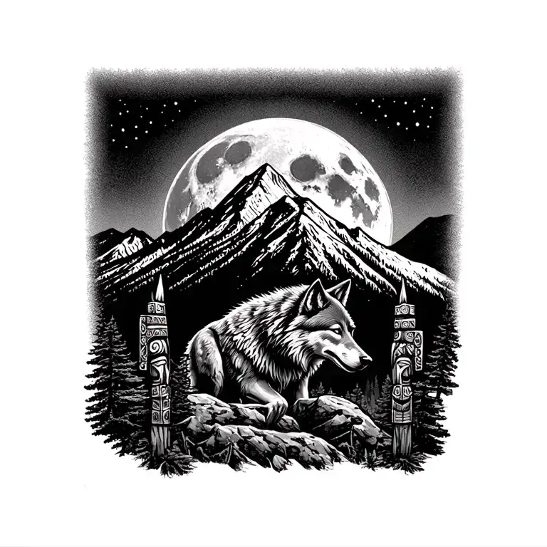 Mountain With Full Moon In The Background That Incorporates Blackfoot Native Totem Poles And A Wolf
