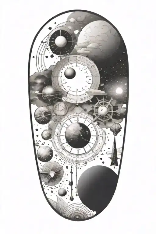 A Celestial Sleeve Tattoo Incorporating Elements Of The Universe And Ancient Sumerian Motifs