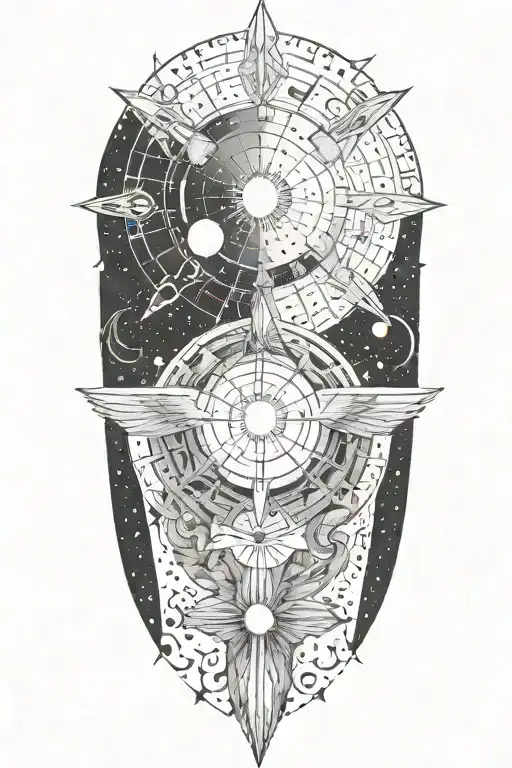 A Celestial Sleeve Tattoo Incorporating Elements Of The Universe And Ancient Sumerian Motifs