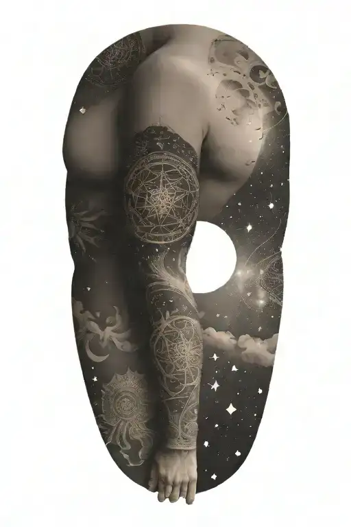 A Celestial Sleeve Tattoo Incorporating Elements Of The Universe And Ancient Sumerian Motifs