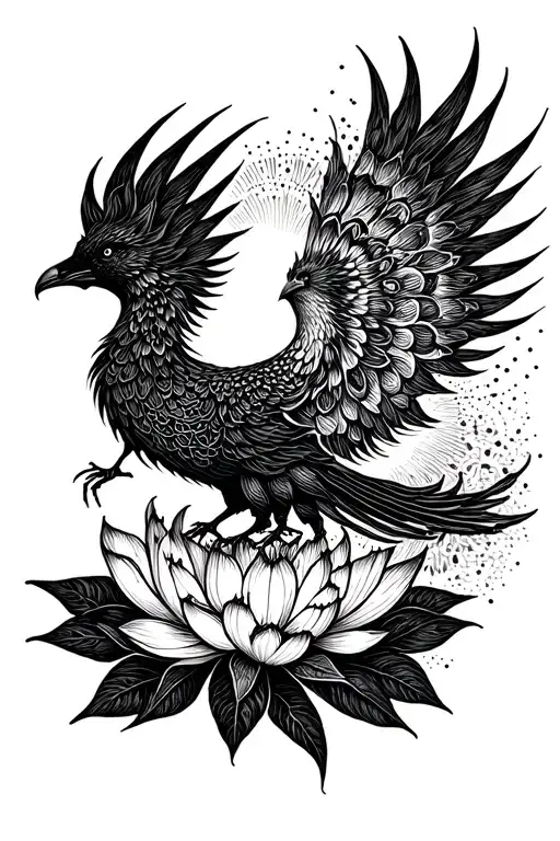 Phoenix Rising Silhouette To The Sun Connected To A Detailed Black Lotus