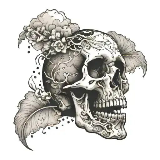 Skull Surrounded With Engraving Style Clouds