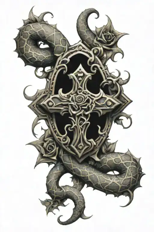 A 3D Cross With A Snake Covered In Rose Thorns Around It