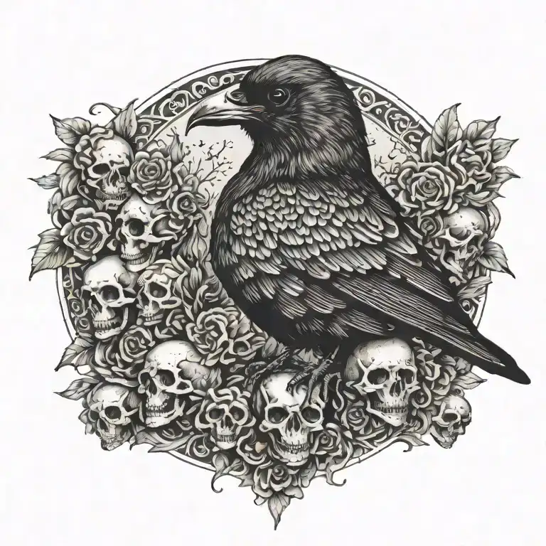 Crow Sitting Upon A Nest Of Skulls