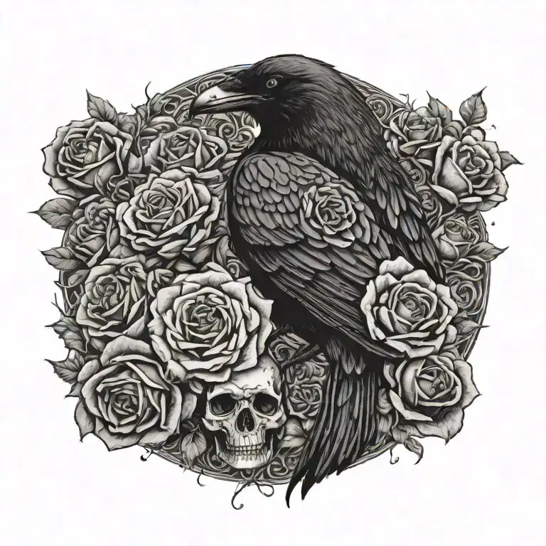 Raven Sitting Upon A Nest Of Skulls Surrounded By Roses