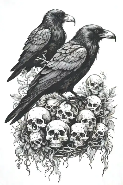 Single Raven Sitting Upon A Nest Of Skulls Of Various Animals