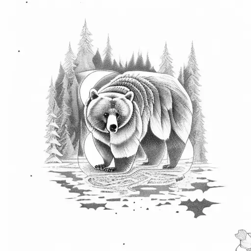 A Mystical Forest With A Bear And A Dog Surrounded By A Crescent Moon