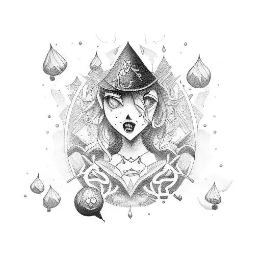 A Dotwork Tattoo Of A Party Scene In A Green Park With Gaming Elements