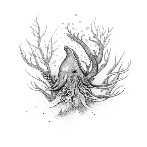 A Mystical Underwater Scene With Sea Creatures And A Tree