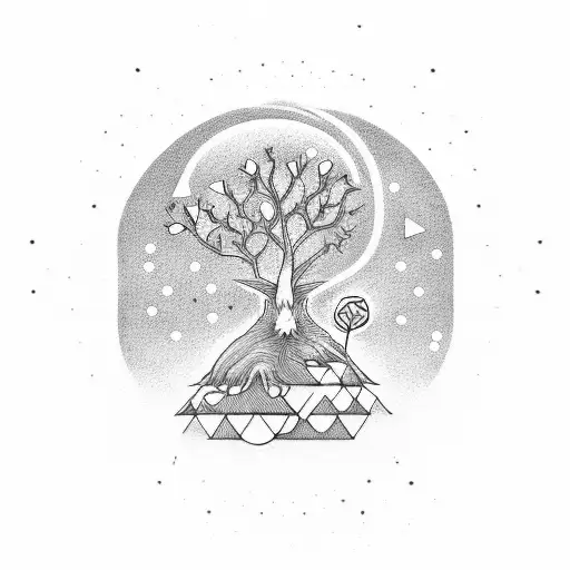 A Geometric Representation Of A Kodama With A Tree And Stars In The Background