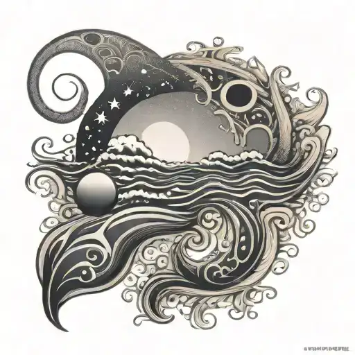 A Intricate Design Of A Dog Paw Print Merging Into Sea Waves With A Crescent Moon Above