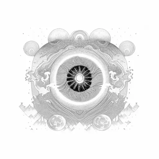 Psychodelic Sunset With Moon And Sun