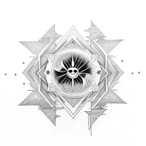 Psychodelic Sunset With Moon And Sun