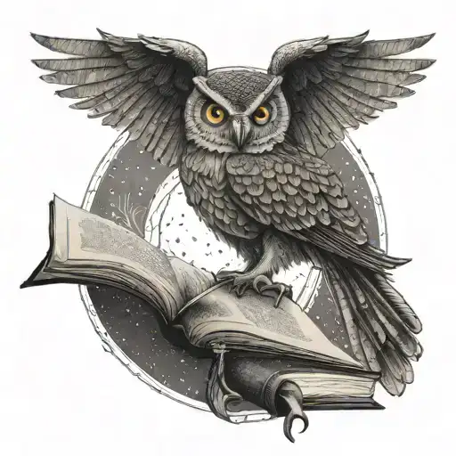 An Owl Perched On A Crescent Moon With A Book In Its Talons