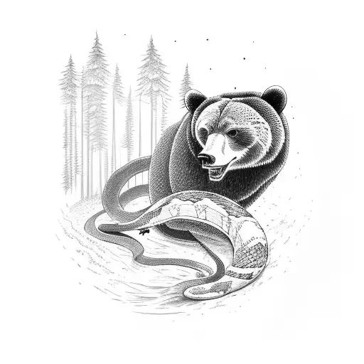 Snake Killing A Bear In A Forest With Stream Running Through