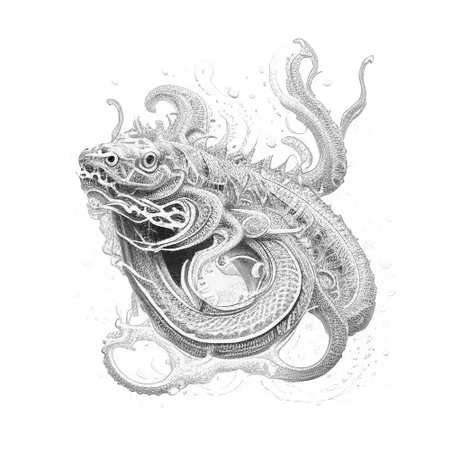 An Intricate Dotwork Design Of A Demonic Eel Emerging From The Water