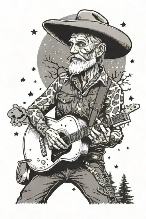 A Loyal Texan Cowboy Playing A Guitar Under A Starlit Forest Sky