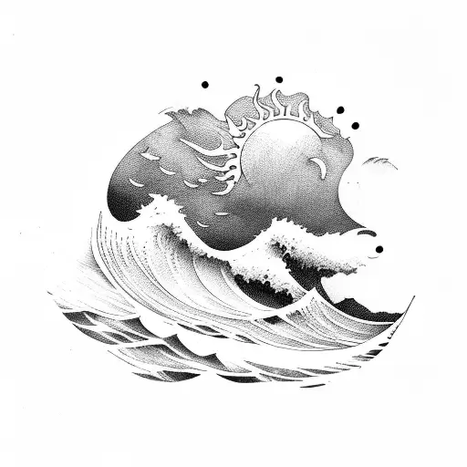 Wave With Surfboard And Sun