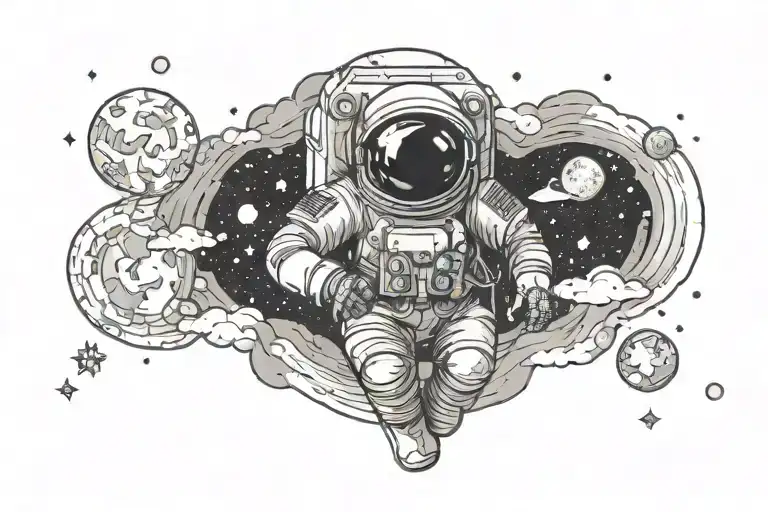 Astronaut With A Paper Plan In Hand Lying In Cloud With Stars And Black Hole Around