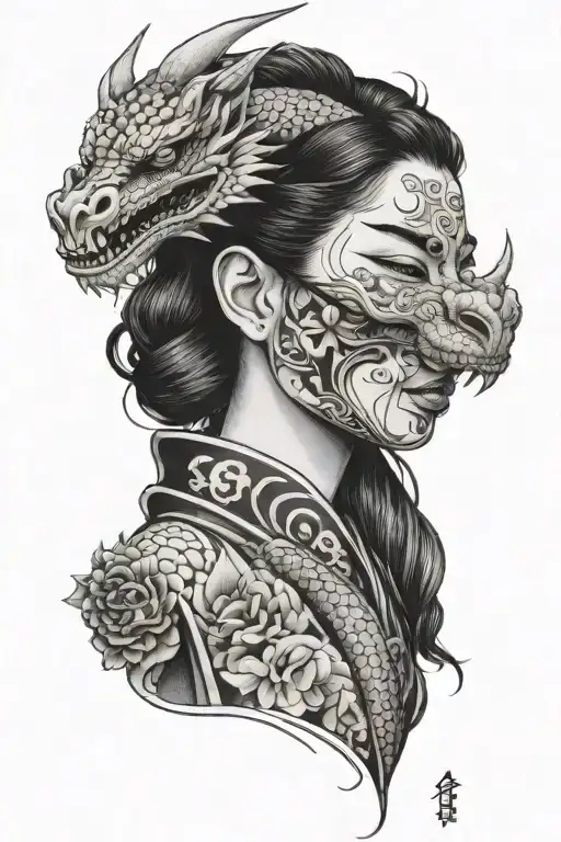 Japanese Style Girl With Dragon Mask