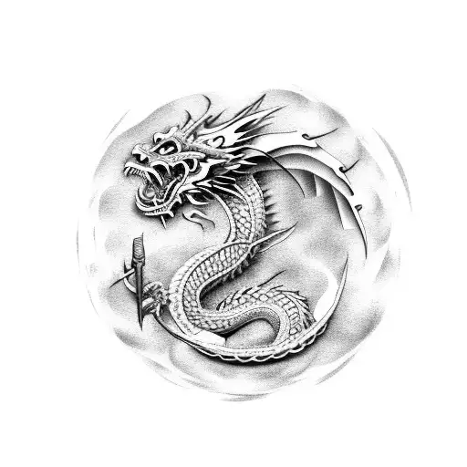 Japanese Dragon With Sword Colored