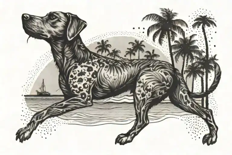 Dog Paste On The Beach With Palm Trees