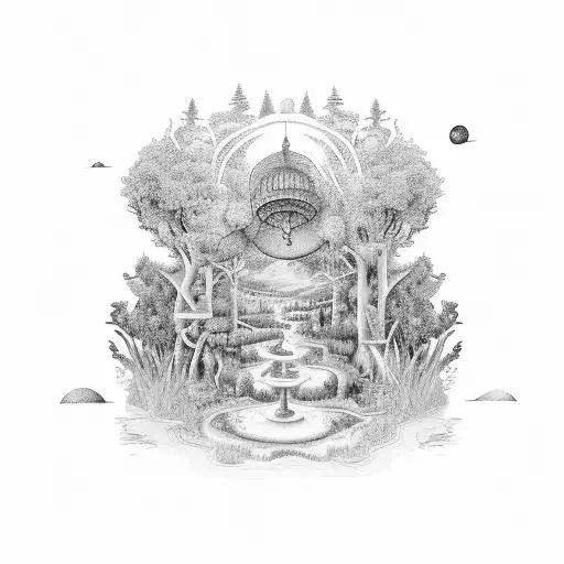 An Intricate Landscape Scene Of A Lush Garden With A Hidden Bible Verse Incorporated Into The Design