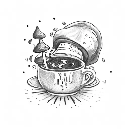 A Coffee Cup With Mushrooms Growing Out Of It And A Witch's Hat On Top