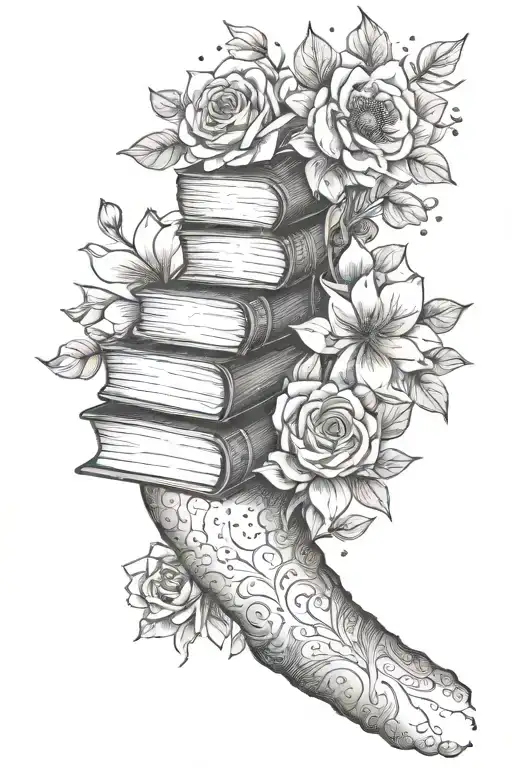 Full Sleeve Arm Tattoo With A Stack Of Book And Flowers