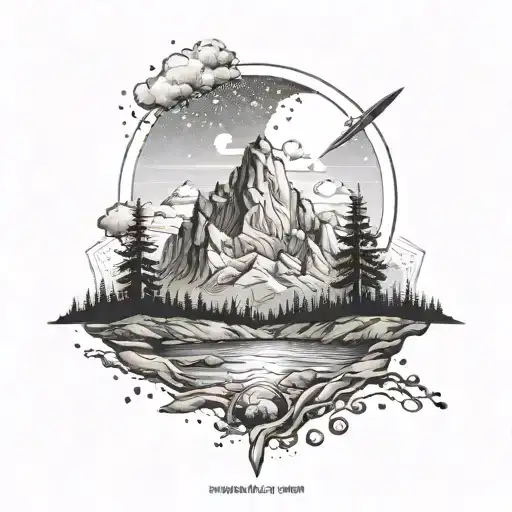 Create A Tattoo Featuring A Rugged Mountain Landscape With Hidden Knife Blades Throughout