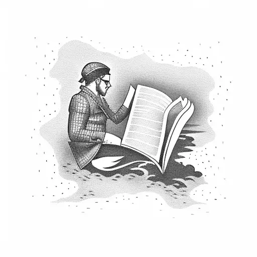 A Silhouette Of A Navy Sailor Reading A Book On A Moonlit Beach In Dotwork Style