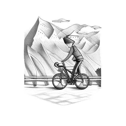 A Cyclist Riding Across A Bridge In A Picturesque Village With Mountains In The Background