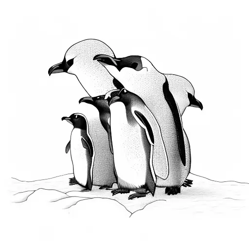 4 Penguins In Cartoony Artstyle All In Line Standing Together