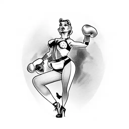 Full Body Pin Up Girl In Burlesque Clothing With Boxing Gloves In Background