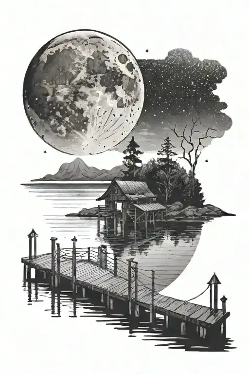 The Moon Illuminates The Lake And The Small Pier