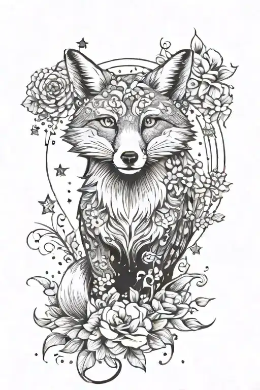 Fox With Stars And Moon And Flowers And Vines