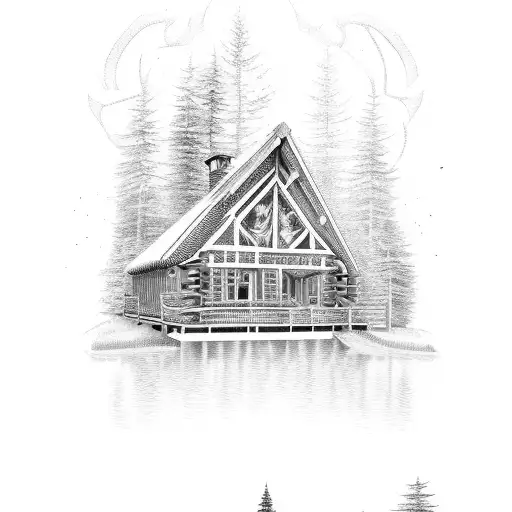 An Intricate Design Showcasing A Cabin In The Woods Surrounded By Nature Elements