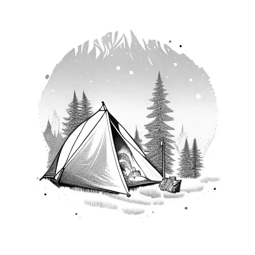 A Camping Scene With A Roaring Fire And A Tent Nestled Among Tall Trees