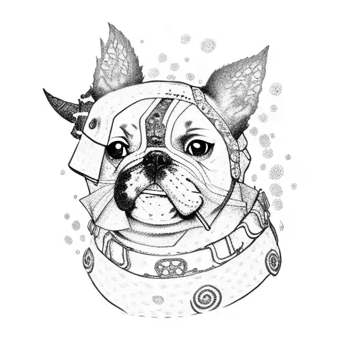 A Dotwork Tattoo Of A Dog Dressed As A Naruto Character In A Natural Setting