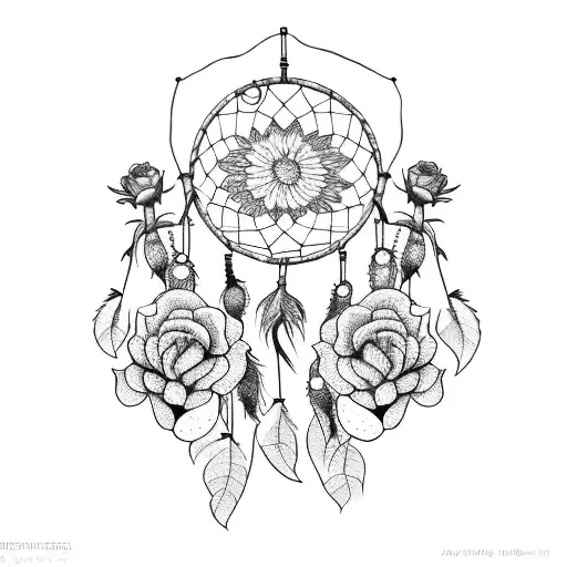 A Dotwork Dreamcatcher With Roses And Peonies Hanging From It